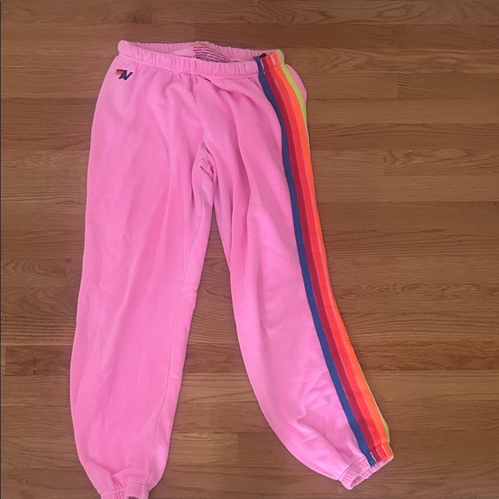 Aviator Nation Pink Track Pants with Rainbow Stripes